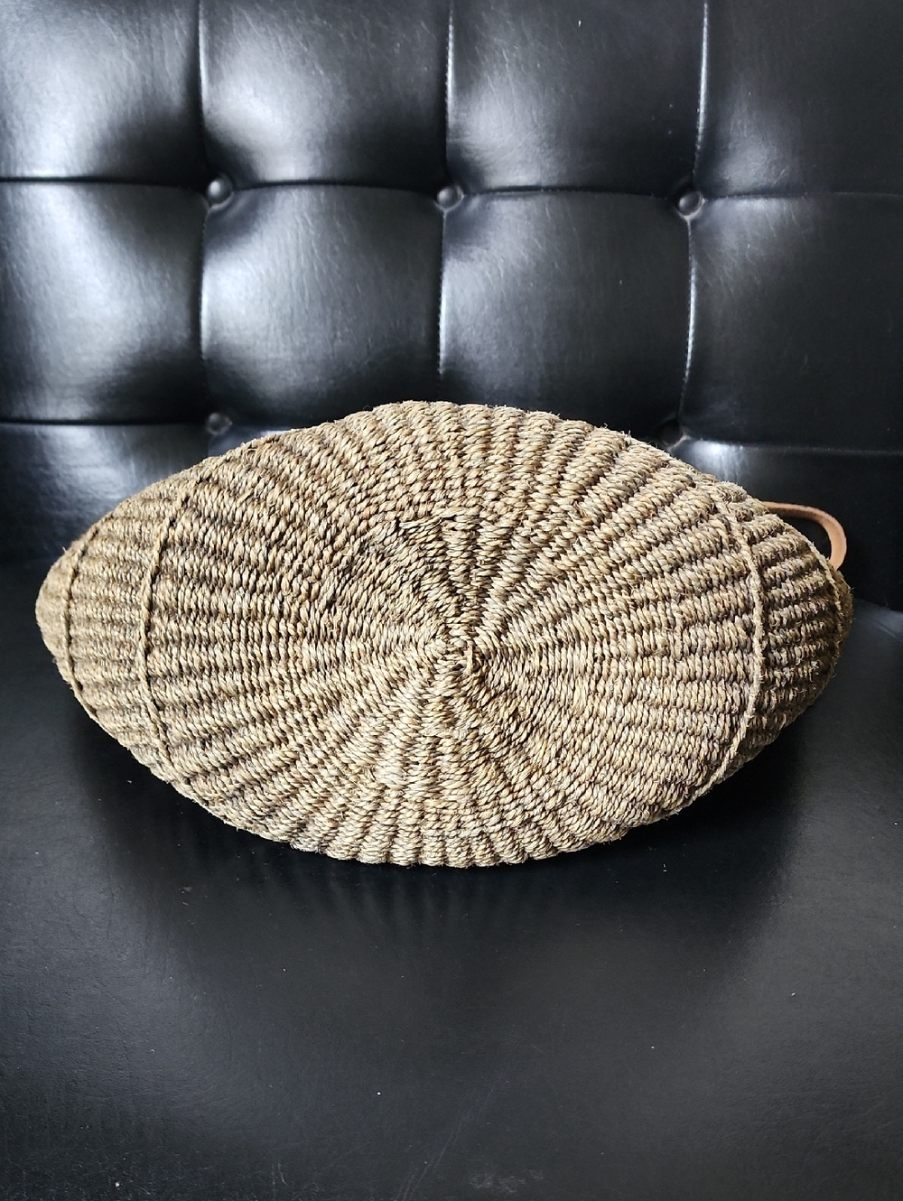 African Woven Sisel Jute Leather Strap Large Market Tote Purse Bag Vintage - Picture 5 of 11